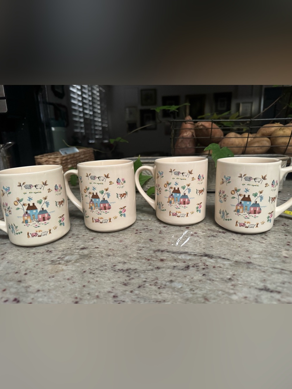 Cream Ceramic Mugs with Pastel Cottage Farmhouse Scene - set of 4